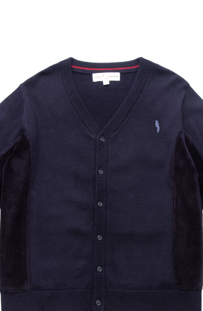 סריג כחול עם כפתורים בשילוב קטיפה בצדדים