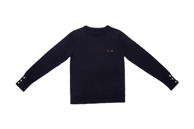 סריג כחול עם רקמת סיכה וכפתורי זהב בשרוול