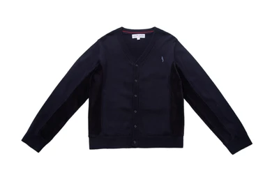 סריג כחול עם כפתורים בשילוב קטיפה בצדדים