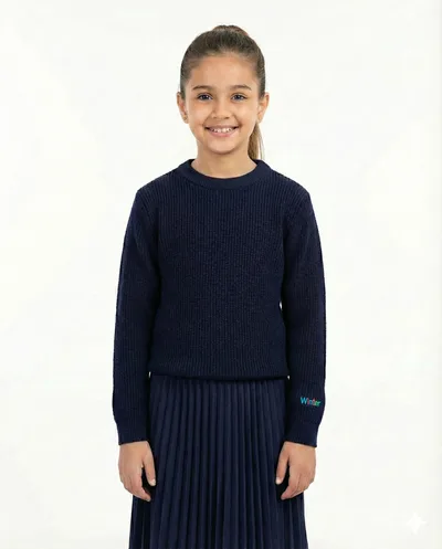 סריג כחול דגם ריב עם רקמה WINTER בשרוול